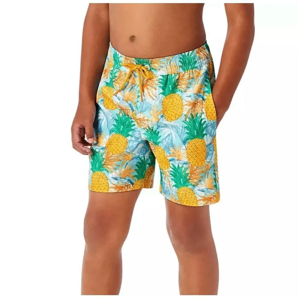 NWT Mens Members Mark 4-Way Stretch SPF 50 Resort Pineapple Swimming Trunks XXL
